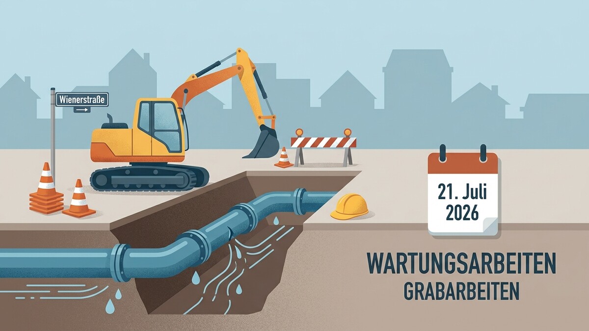 Baustelle Wienerstraße mit Bagger, Rohren und Kalenderblatt 21. Juli 2026