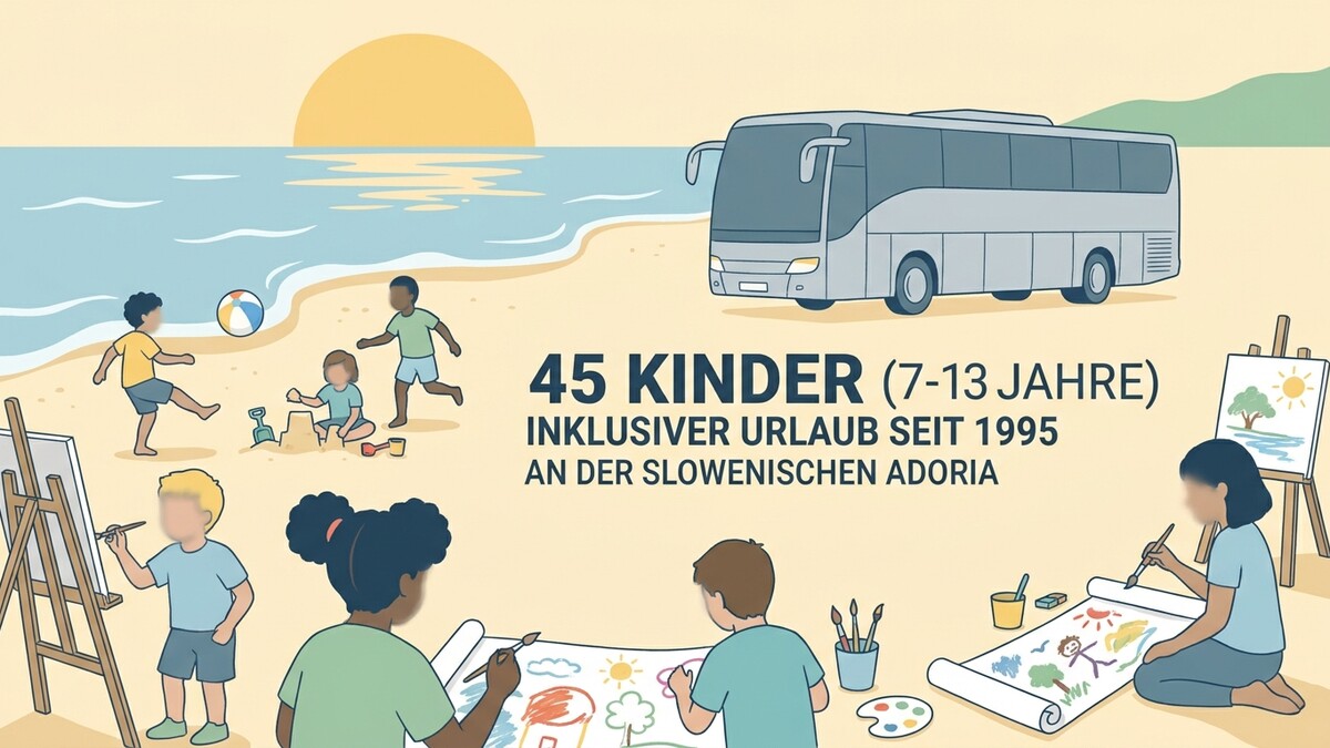 Kinder am Strand in Slowenien: Fußball, Sandburg, Malen, Reisebus