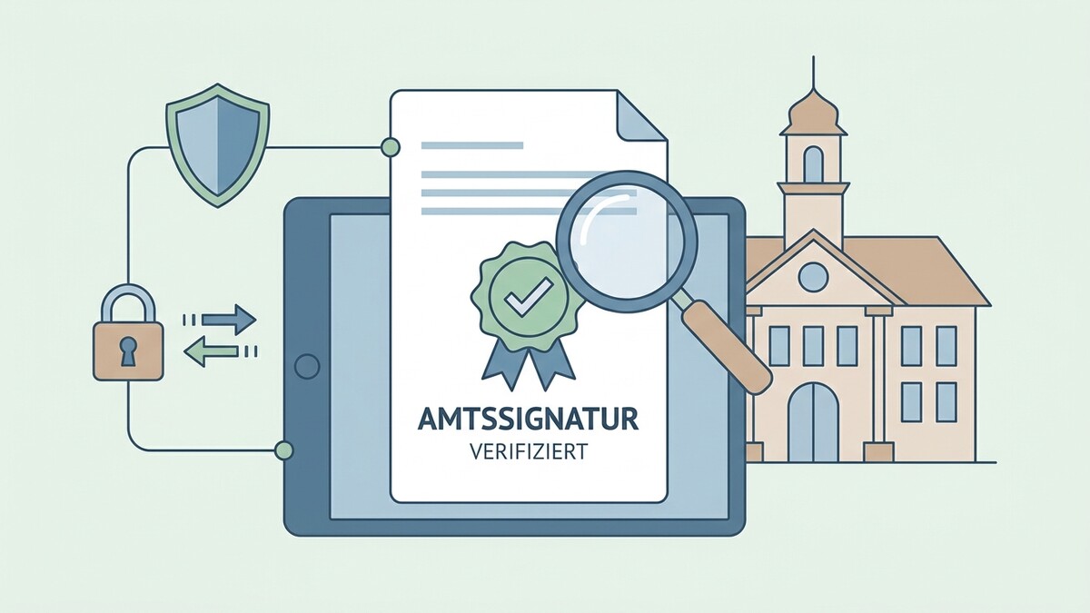 Amtssignatur verifiziert auf Tablet vor Amtssitz mit Sicherheitssymbolen und Lupe