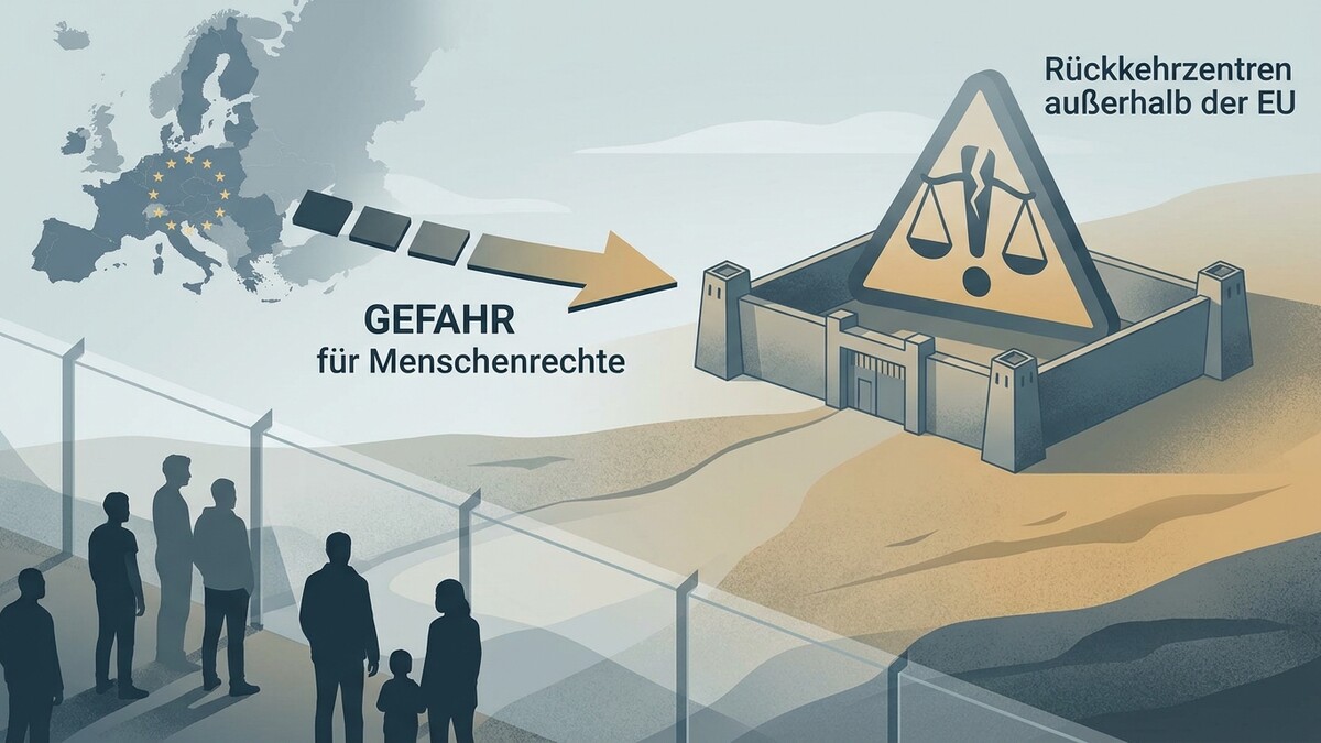 Rückkehrzentren außerhalb der EU: Gefahr für Menschenrechte mit Europa-Karte und Silhouetten