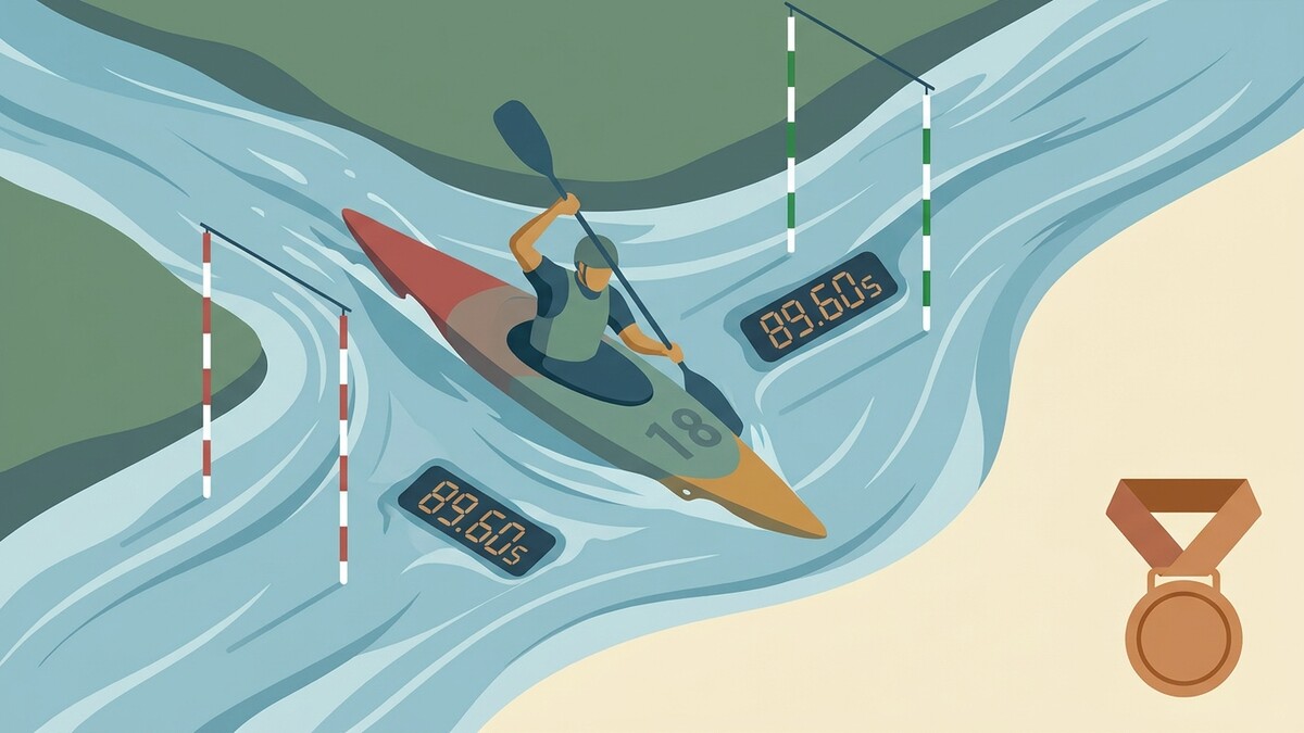 Kajakfahrer im Rennen mit Zeitmessung auf einem Fluss, daneben eine Bronzemedaille.
