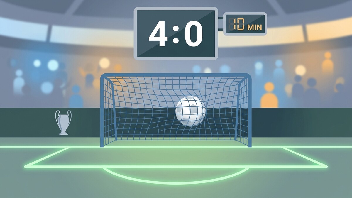 Fußballspiel mit 4:0 Anzeige und Pokal im Stadion