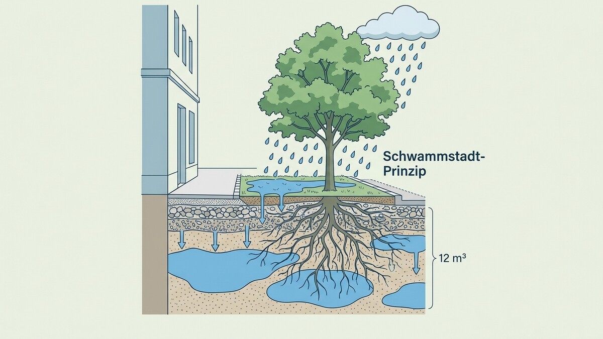 Schwammstadt-Prinzip: Regenwasser versickert durch Baumwurzeln und Erdschichten in den Boden.