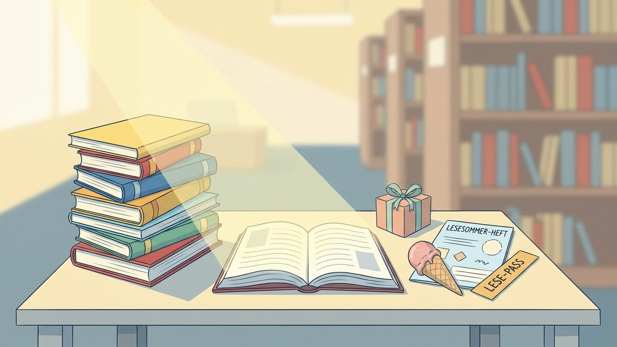Bücherstapel, aufgeschlagenes Buch, Geschenk und Eiscreme auf einem Tisch in einer Bibliothek