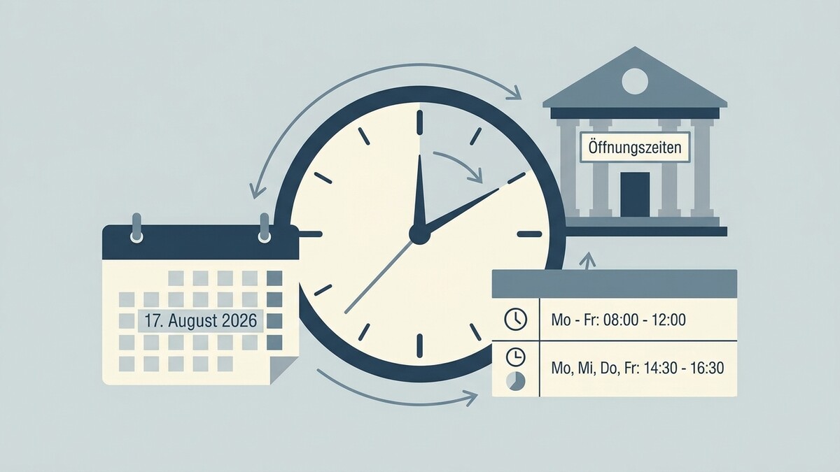 Öffnungszeiten: Kalender, Uhr und Gebäude mit Zeitangaben Mo-Fr 08:00-12:00 und 14:30-16:30