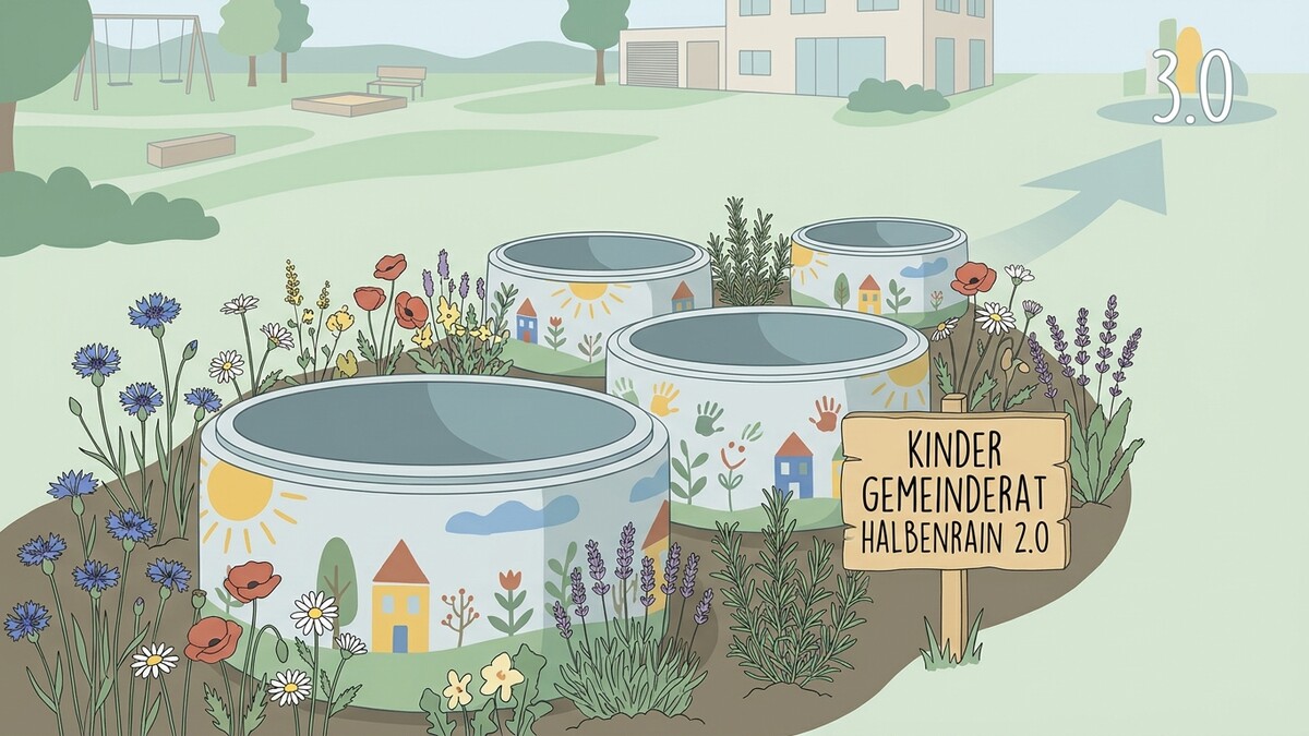 Kinder Gemeinderat Halbenrain 2.0 mit bunten Beeten und vier runden Behältnissen