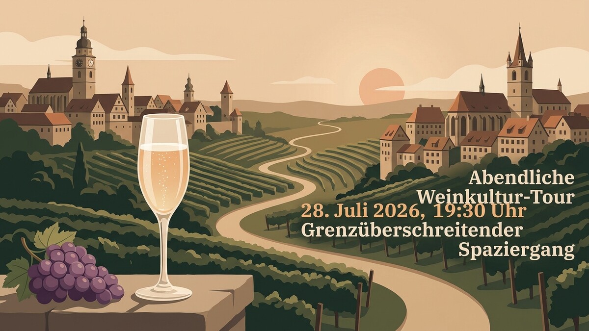 Weinlandschaft mit Glas Sekt und Trauben, Abendliche Weinkultur-Tour am 28. Juli 2026