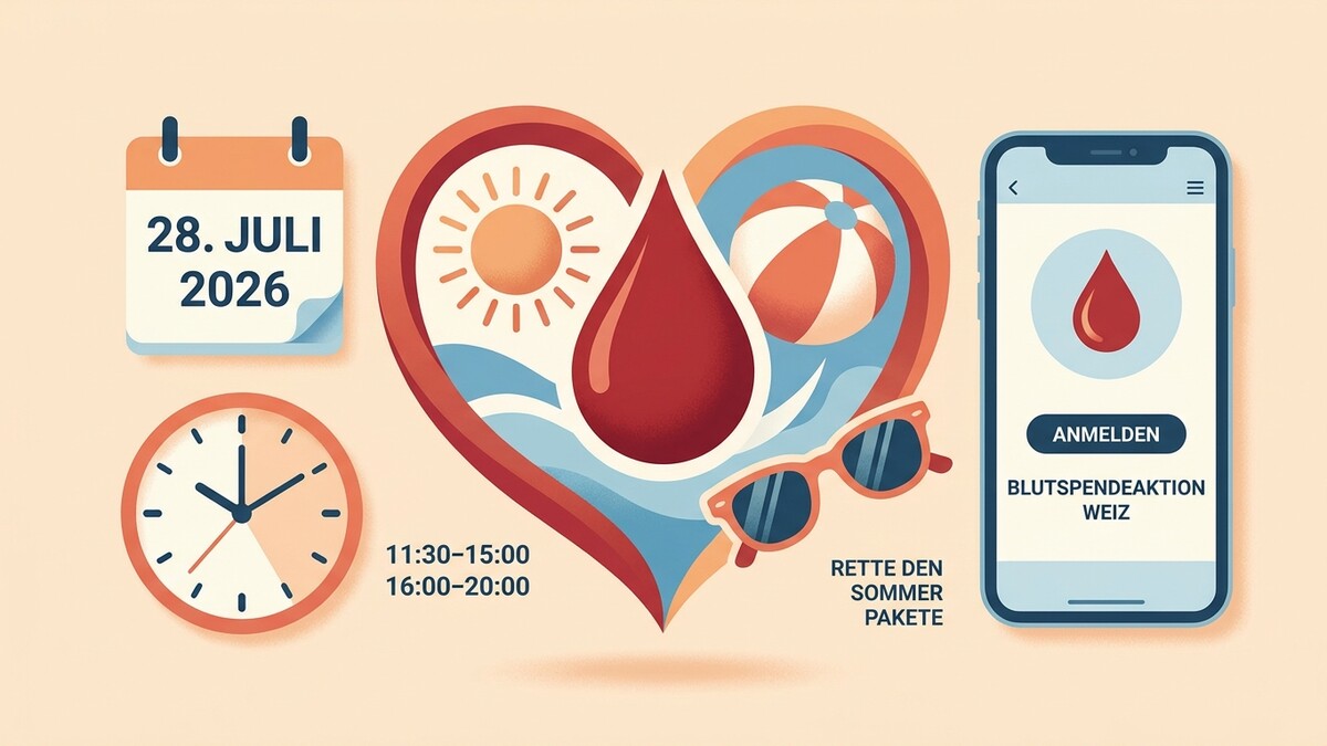 Blutspende Weiz 28. Juli 2026: Herz mit Sonne, Ball, Brille, Uhr und Smartphone