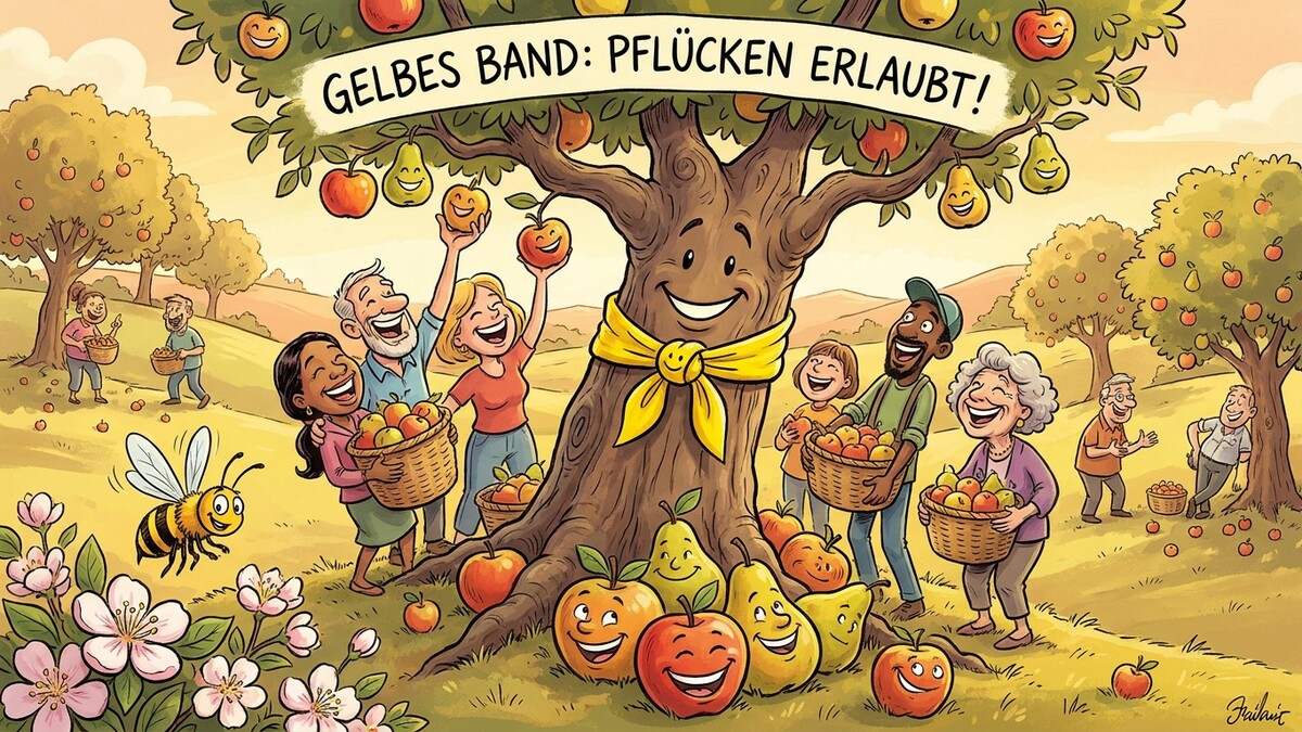 Obsternte mit lachenden Menschen und fröhlichen Früchten im Obstgarten