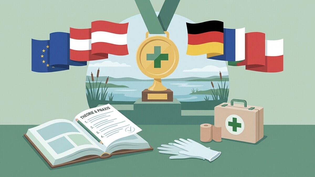 Medaille mit Kreuz vor Fahnen von EU, Österreich, Deutschland, Frankreich und Polen.
