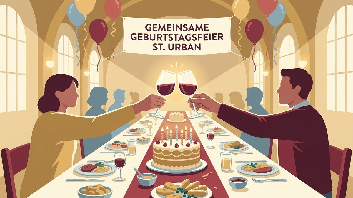 Geburtstagsfeier St. Urban mit Menschen beim Anstoßen und Kuchen auf dem Tisch