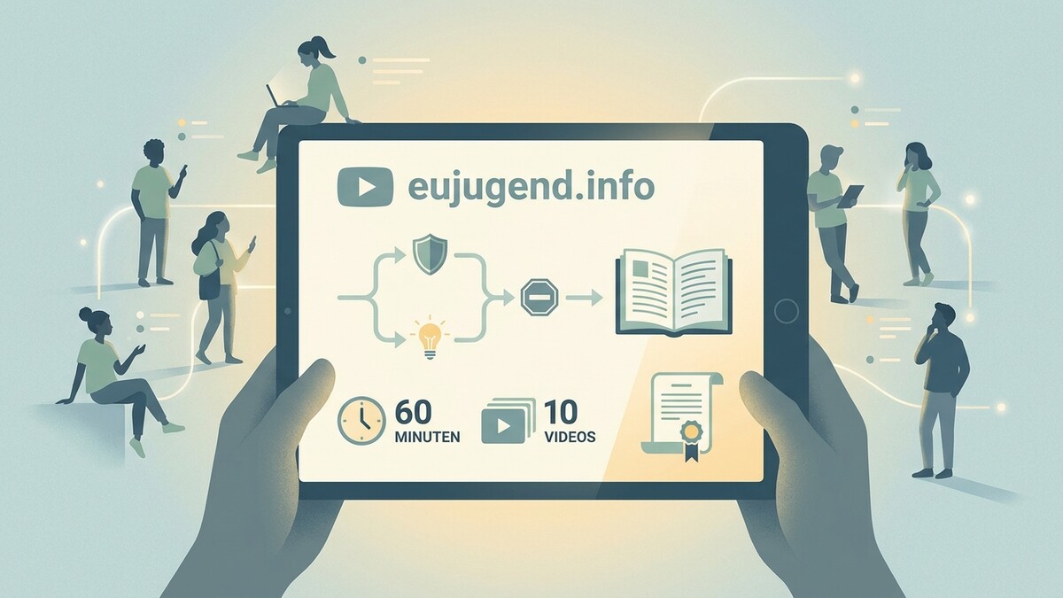 eujugend.info: Illustration zeigt Tablet mit Lerninhalten und Menschen, die sich damit beschäftigen