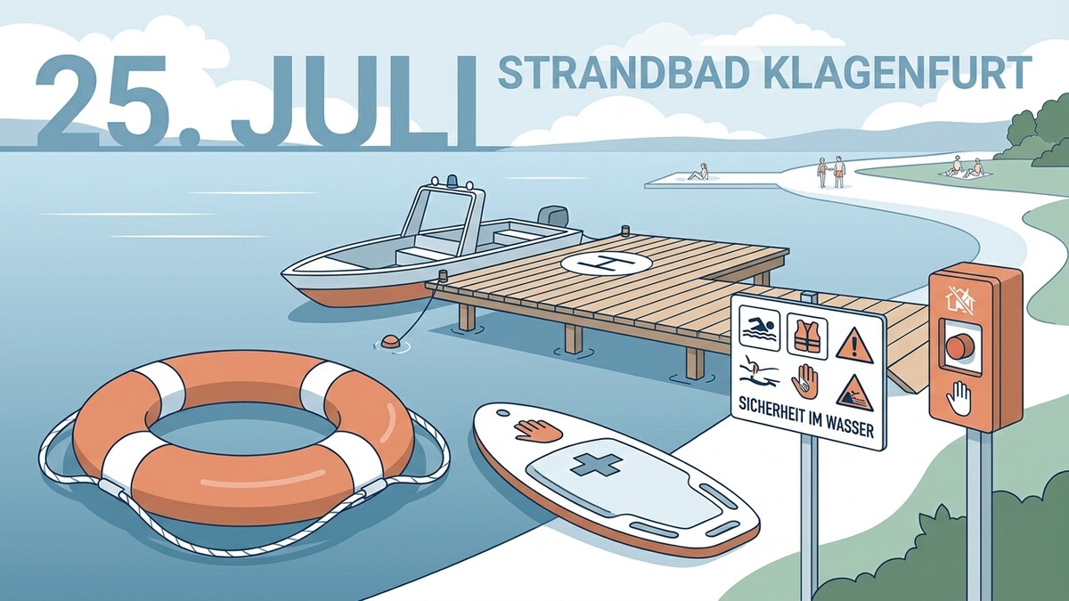 Strandbad Klagenfurt: Rettungsring, Boot, Steg und Sicherheitshinweise am 25. Juli
