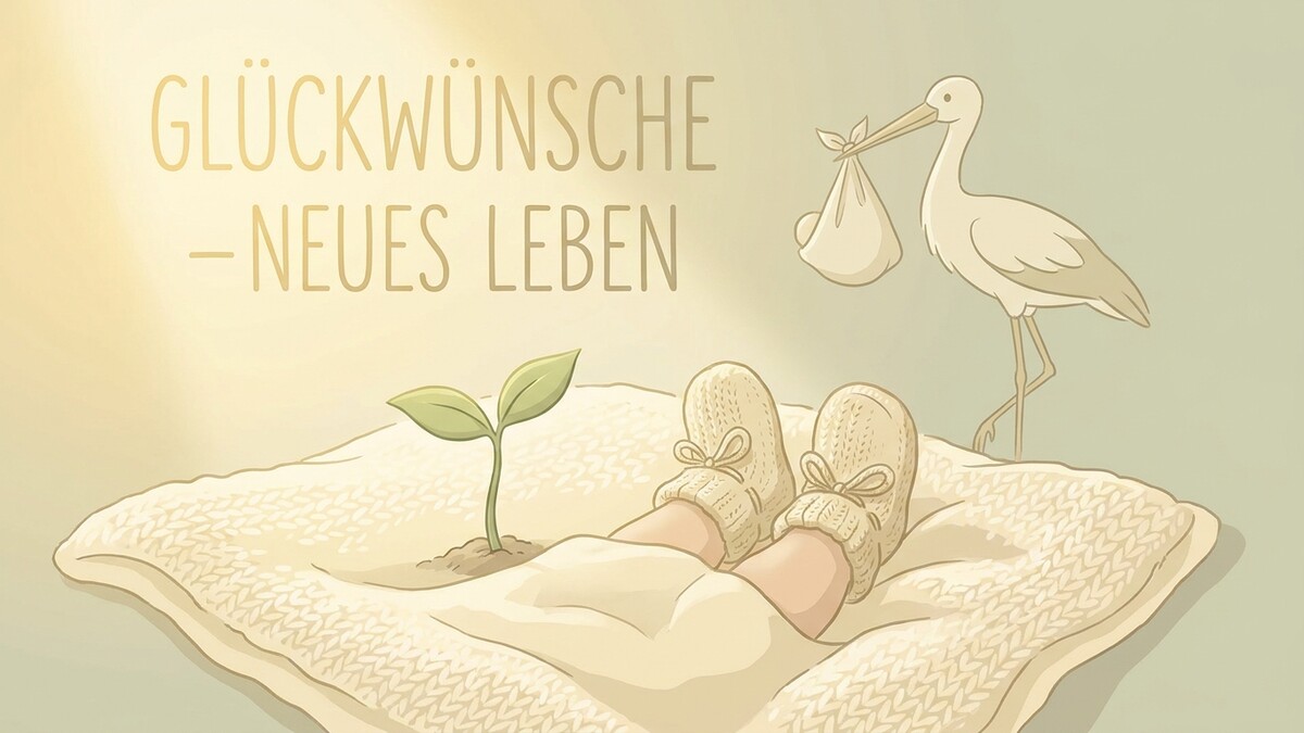 Glückwünsche neues Leben: Storch mit Baby und Füße unter Decke mit Pflänzchen