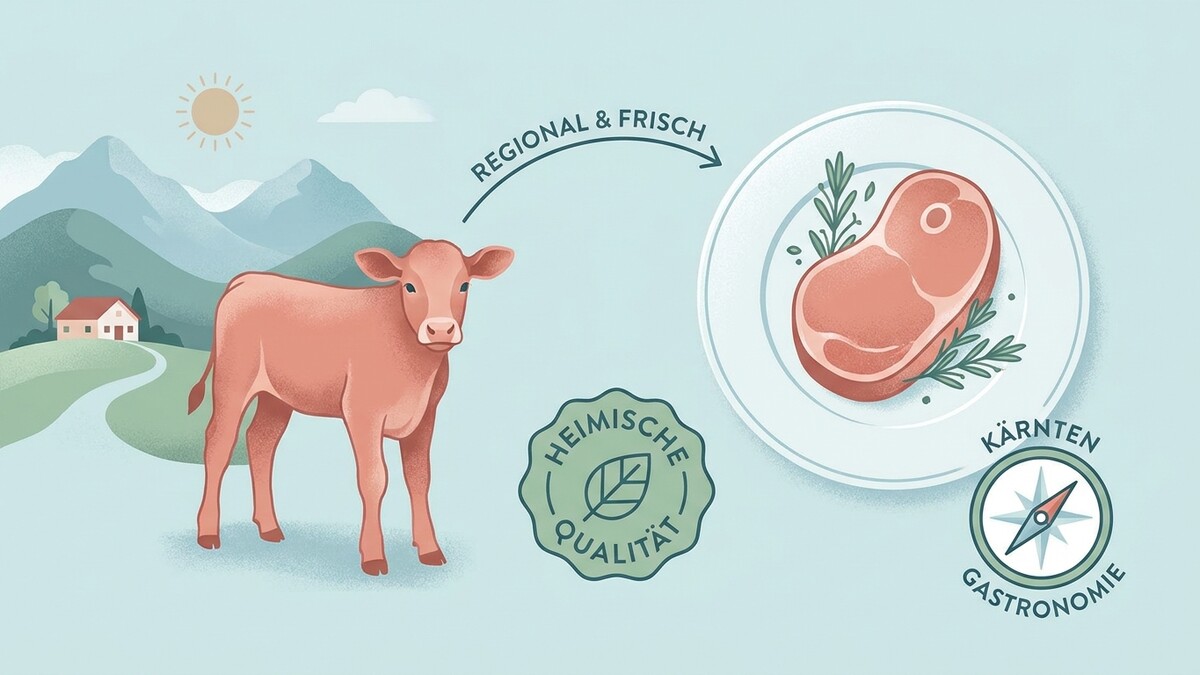 Rindfleischkalb in Berglandschaft mit Haus, regional & frisch, heimische Qualität, Kärnten Gastronomie