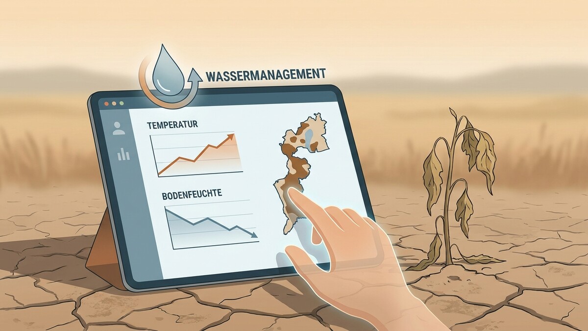 Wassermanagement-App auf Tablet zeigt ausgetrocknete Regionen Österreichs, daneben verdorrtes Pflänzchen.
