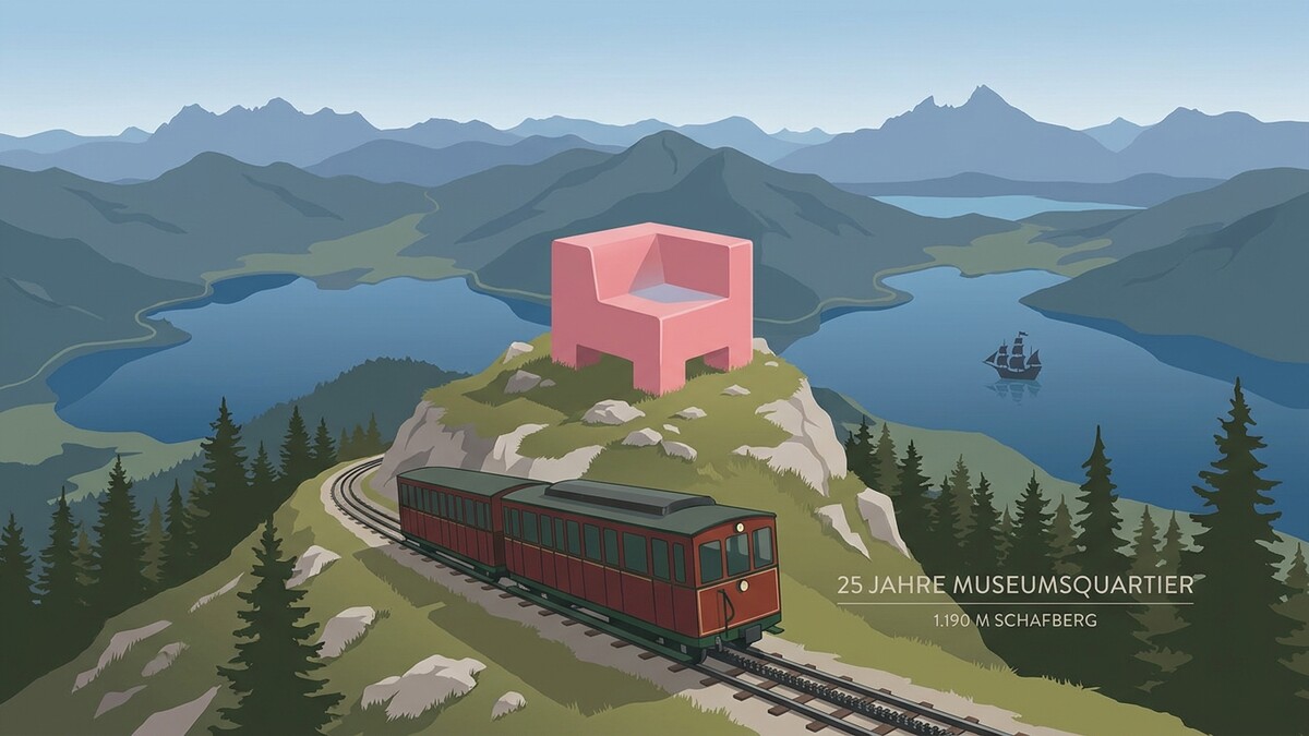Museumsquartier 25 Jahre: Roter Zug am Schafberg mit pinkem Sessel, See und Segelschiff