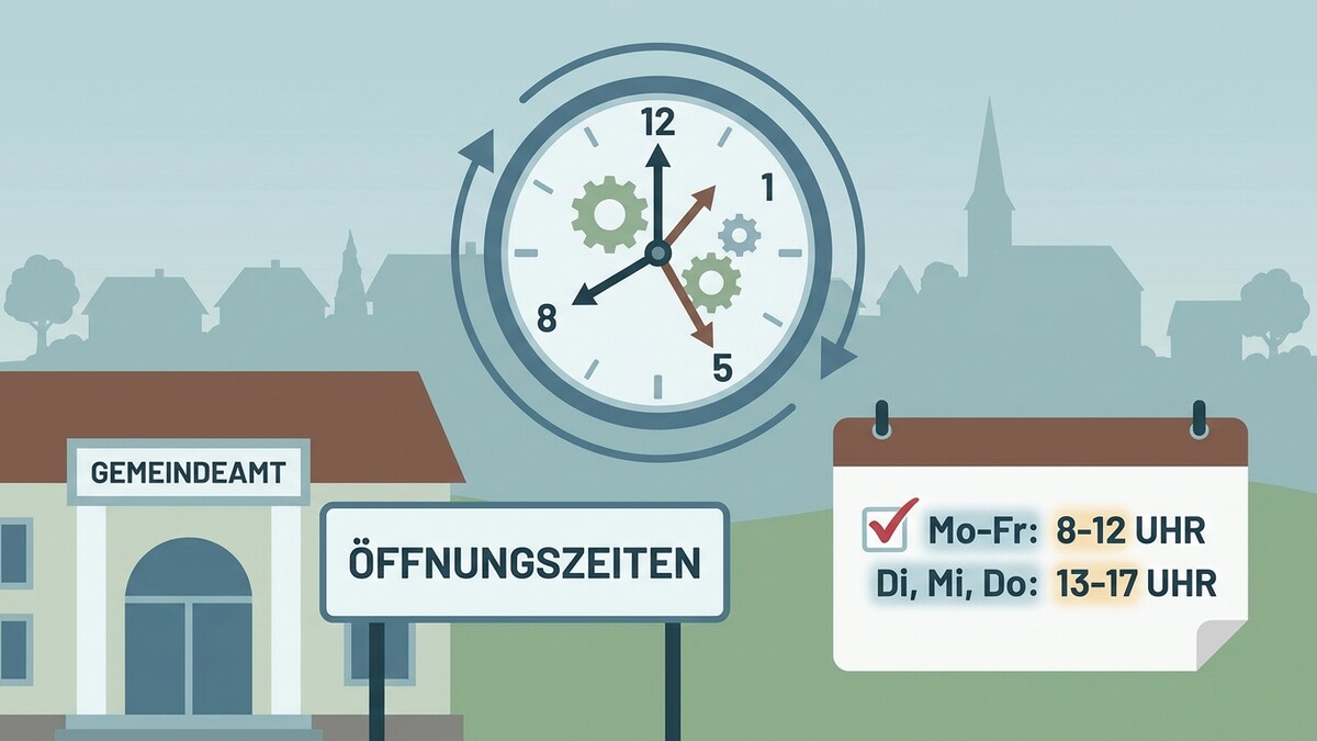 Gemeindeamt mit Öffnungszeiten: Mo-Fr 8-12 Uhr, Di, Mi, Do 13-17 Uhr.