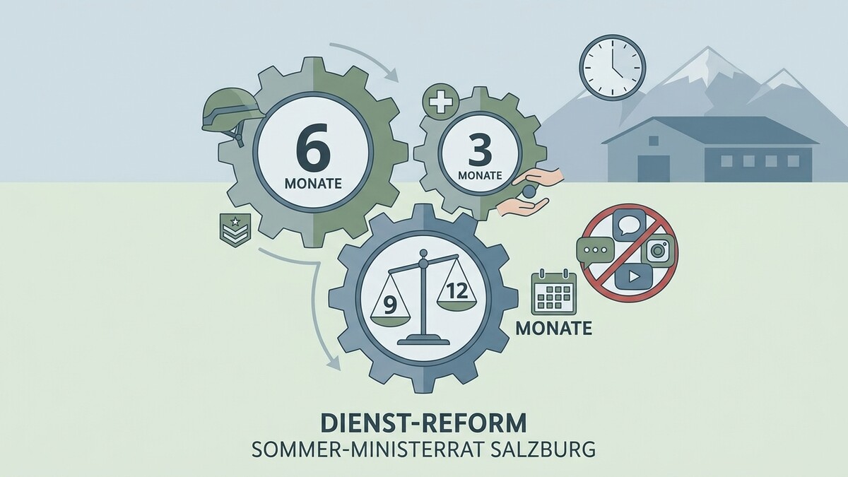 Dienst-Reform Sommer-Ministerrat Salzburg: Zahnräder mit Monaten, Waage und Verbotsschild