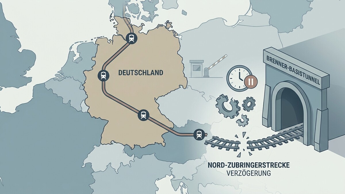 Brenner-Basistunnel Nord-Zubringerstrecke Verzögerung mit Karte Deutschlands und Zugsverkehr