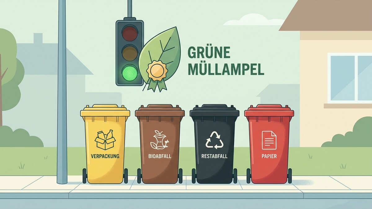 Grüne Müllampel mit vier Behältern für Verpackung, Bioabfall, Restabfall und Papier