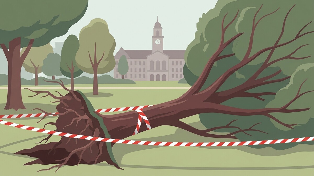 Umgestürzter Baum mit Wurzelwerk und Absperrband im Park vor einem Gebäude mit Turm