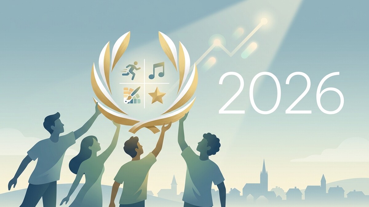 Vier Menschen halten einen Lorbeerkranz mit Symbolen für Sport, Musik und Kunst hoch, daneben die Jahreszahl 2026.