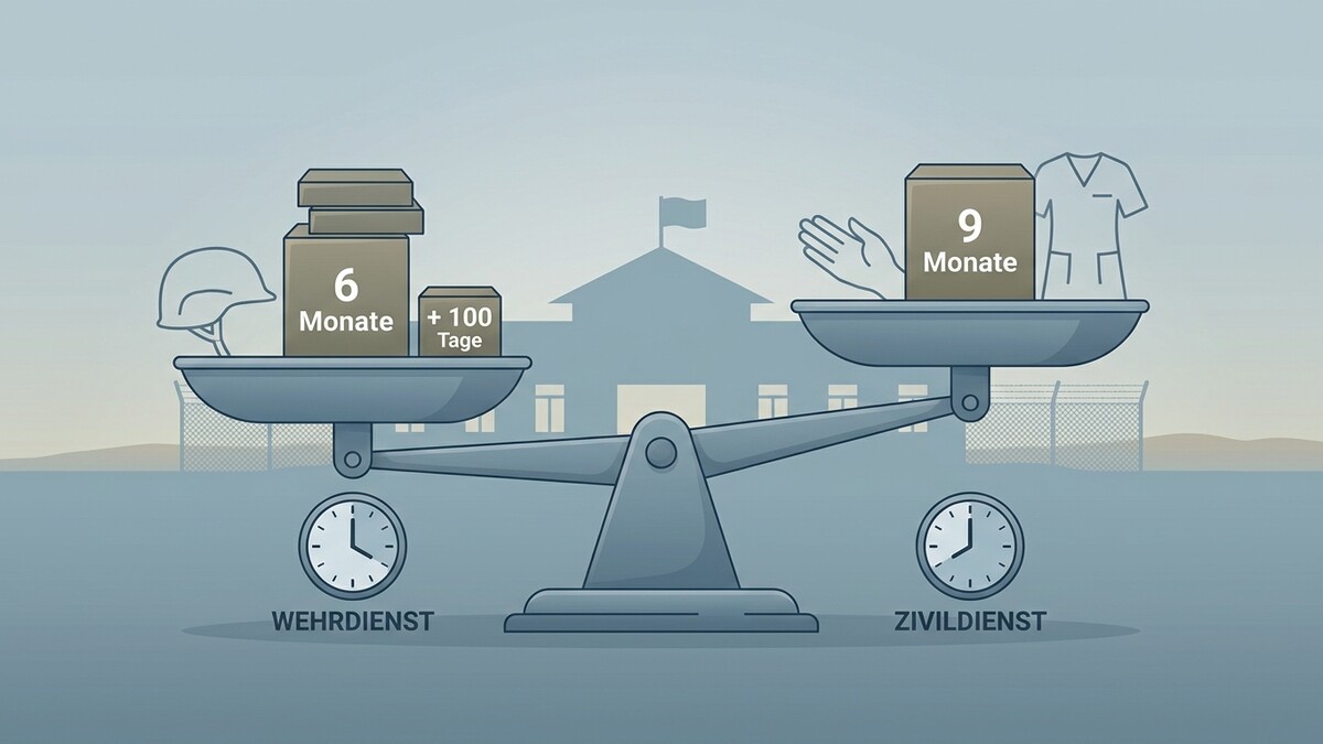 Waage vergleicht Wehrdienst (6 Monate, Helm) mit Zivildienst (9 Monate, Arbeitskleidung)