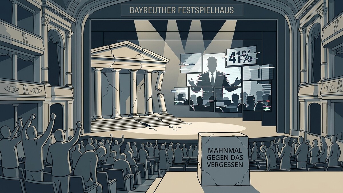 Bayreuther Festspielhaus: zerfallendes Gebäude, Mann auf Bildschirmen, Publikum, Mahnmal