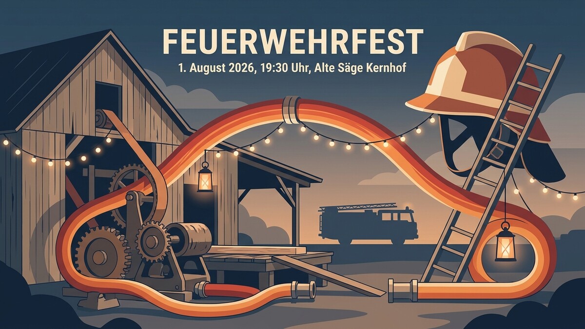 Feuerwehrfest Plakat mit Feuerwehrauto, Helm und Leiter, Alte Säge Kernhof