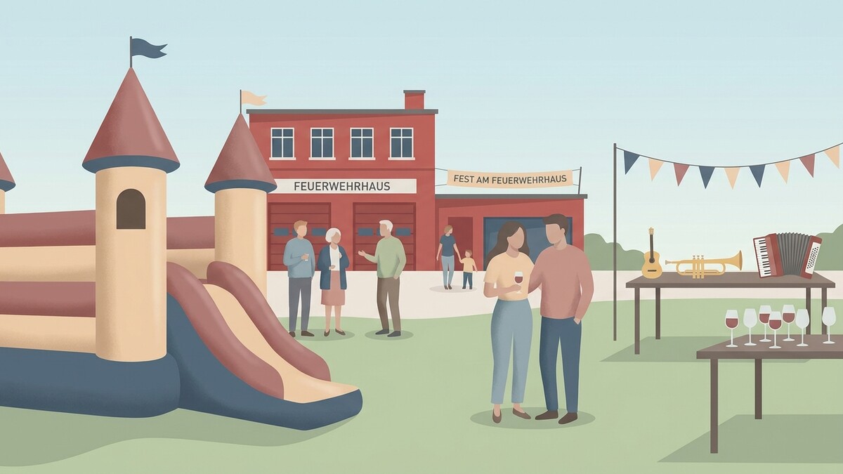 Fest am Feuerwehrhaus mit Hüpfburg, Musik und Gästen vor dem Gebäude