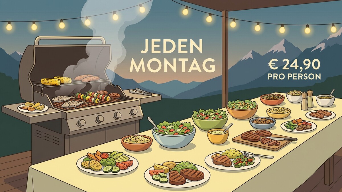 Grillparty jeden Montag mit Steaks, Fisch, Mais und Salaten im Freien vor Bergkulisse