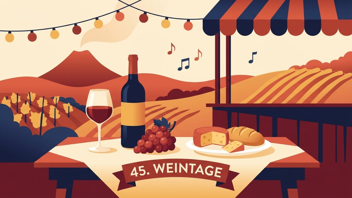 Weintage mit Wein, Trauben, Brot und Käse vor Weinbergen mit Bergkulisse