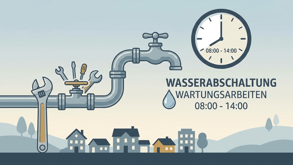 Wasserabschaltung Wartungsarbeiten 08:00-14:00 mit Werkzeugen und Uhrenanzeige