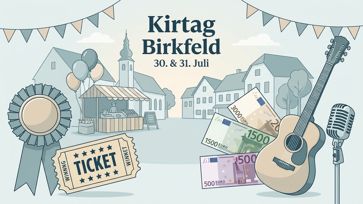 Kirtag Birkfeld: Gitarre, Mikrofon, Geld und Los vor Kirche und Marktstand