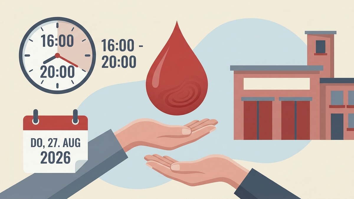 Blutspende am 27. August 2026 von 16 bis 20 Uhr vor einem Gebäude.