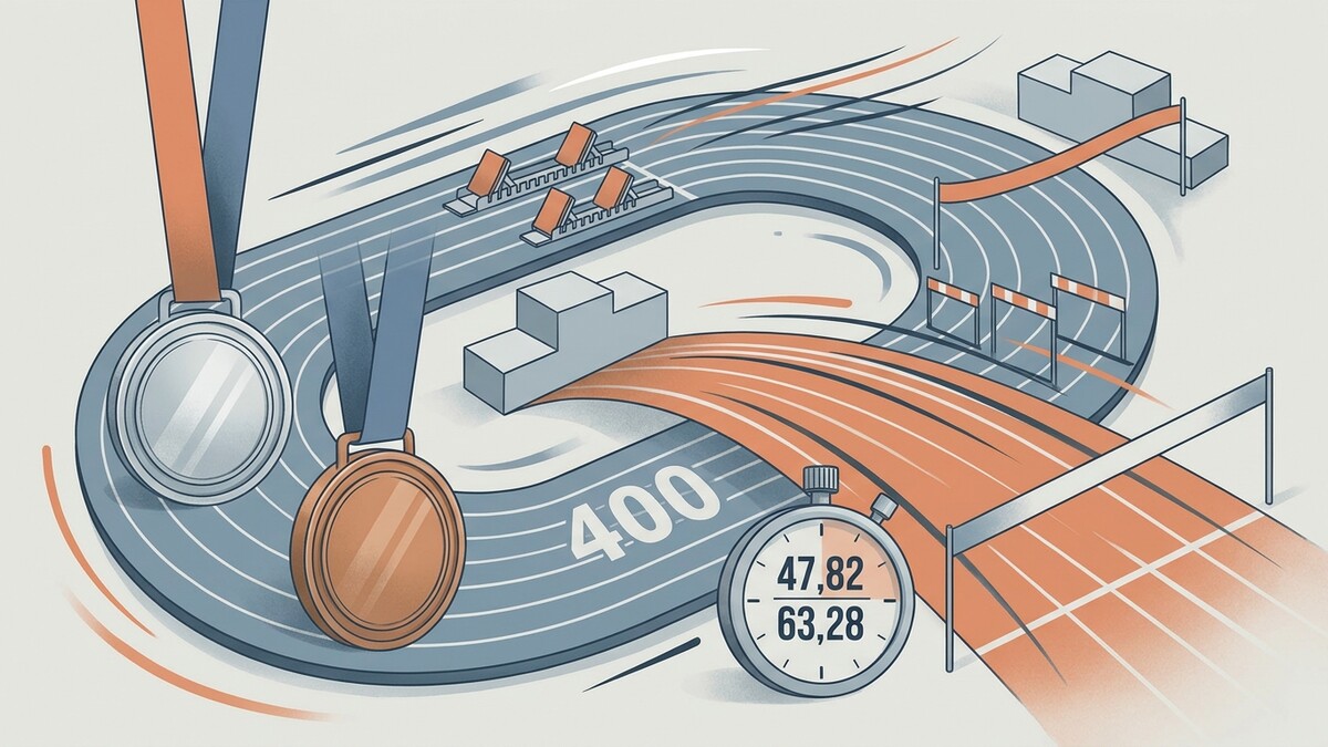 Leichtathletik-Medaillen auf einer Laufbahn mit Startblöcken, Hürden und Stoppuhr