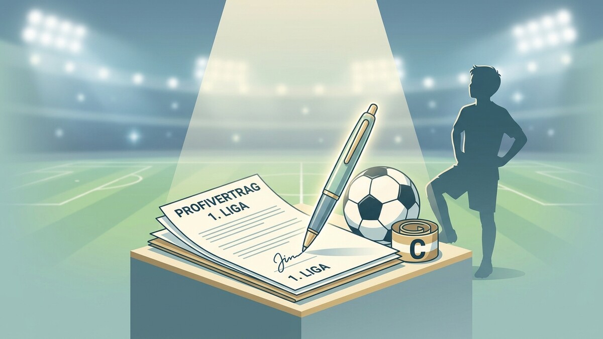 Fußball Profivertrag 1. Liga mit Unterschrift, Ball und Spieler im Stadion