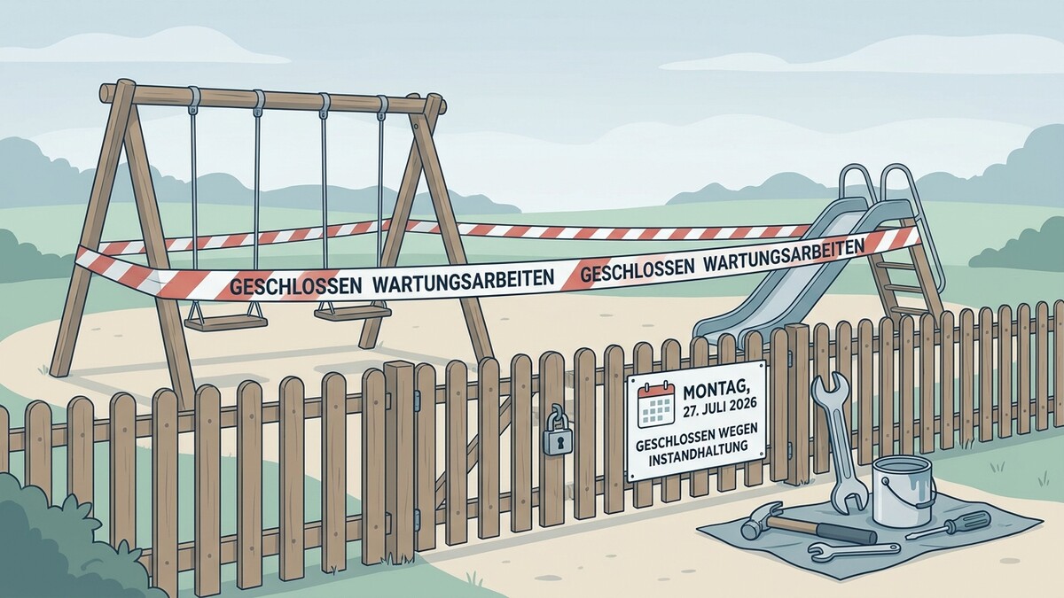 Spielplatz mit Schaukel und Rutsche, Absperrband "Geschlossen wegen Wartungsarbeiten"