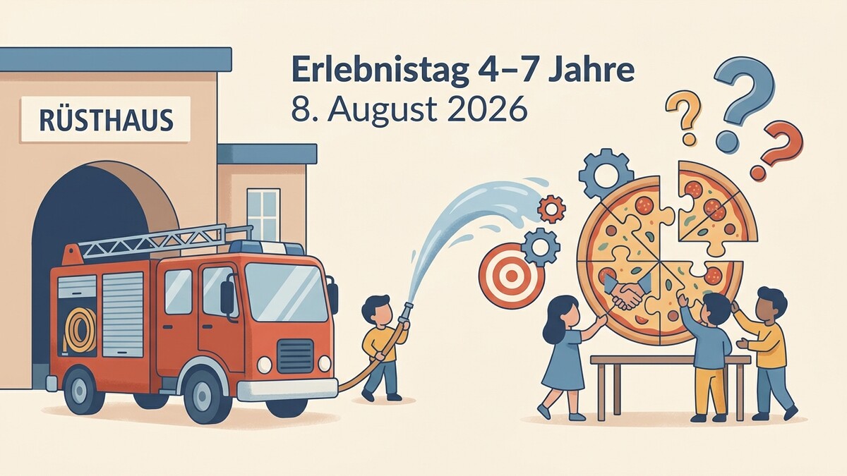 Erlebnistag 4-7 Jahre, 8. August 2026, Rüsthaus mit Feuerwehrauto und Kindern beim Puzzlen einer Pizza.
