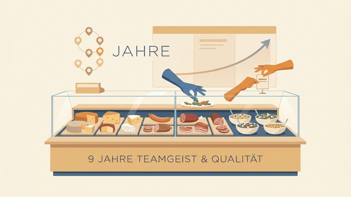 9 Jahre Teamgeist & Qualität: Auslage mit Käse, Wurst und Salaten, Hände greifen zu Speisen und Preisschildern.