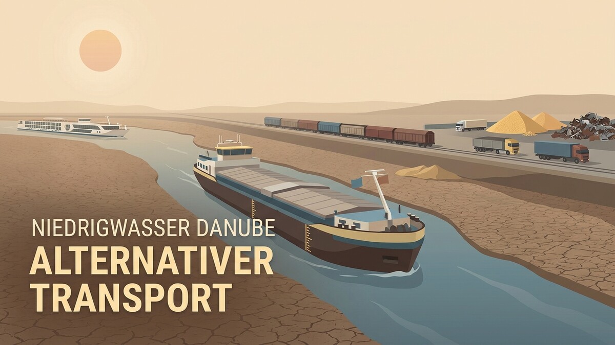 Donau Niedrigwasser: Frachtschiff, Fahrgastschiff, Zug und LKW am trockenen Ufer