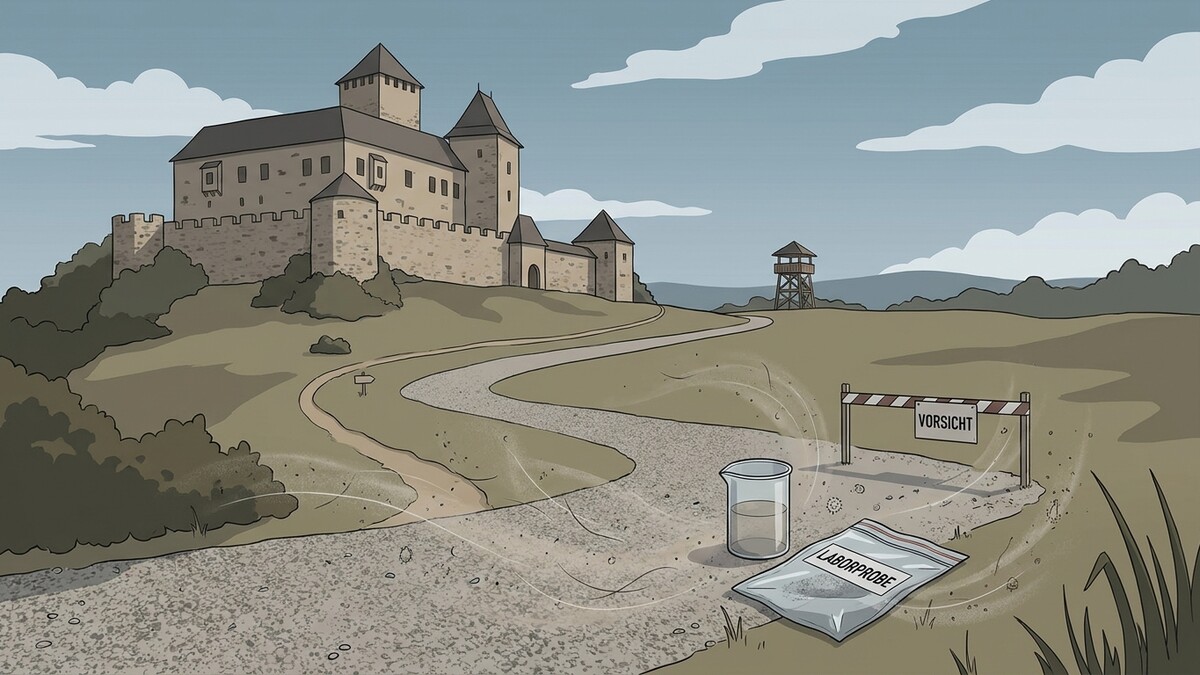 Laborprobe und Becher vor einer Burg mit Wachturm und Vorsichtsschild