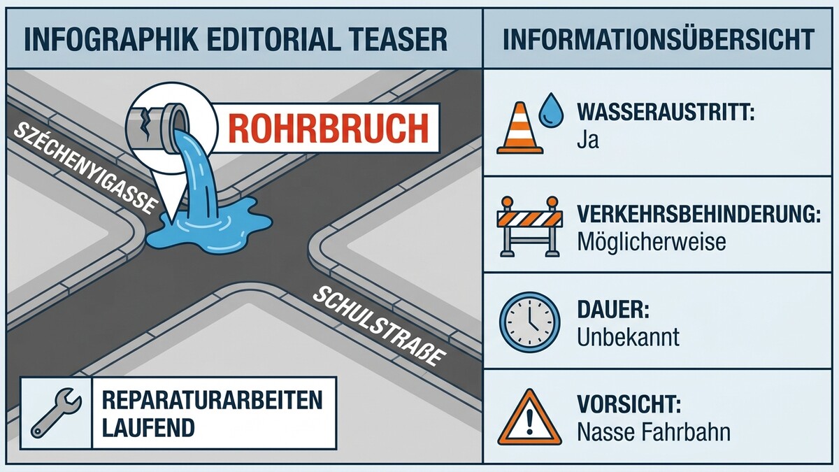 Rohrbruch in der Széchenyigasse mit Wasseraustritt, Verkehrsbehinderung, unbekannter Dauer und nasser Fahrbahn.