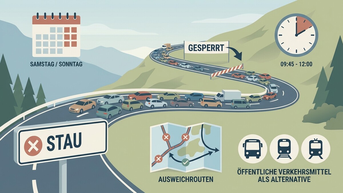Stau auf Bergstraße mit Kalender für Samstag/Sonntag und Uhrzeit 09:45-12:00