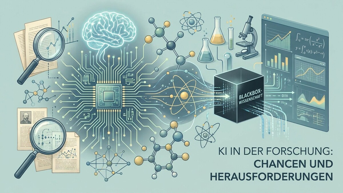 KI in der Forschung: Gehirn, Schaltkreis, Moleküle, Lupe, Mikroskop und Datenanalyse