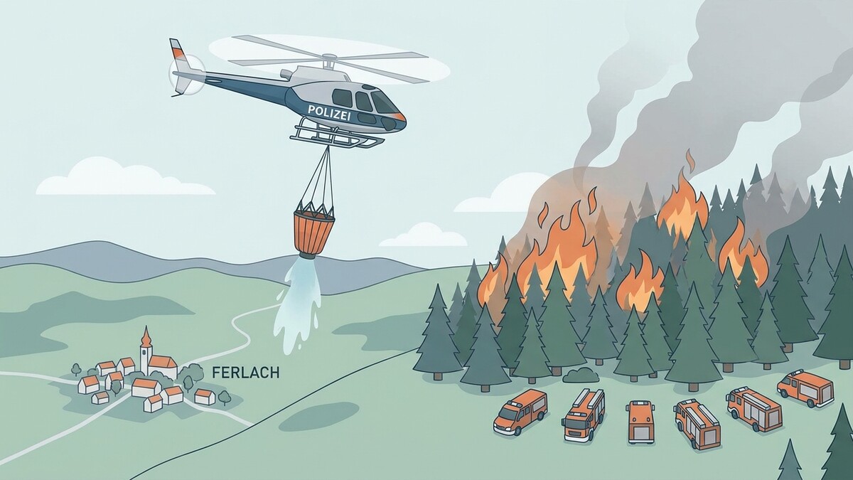 Polizei-Helikopter löscht Waldbrand bei Ferlach mit Löschwasserbehälter.