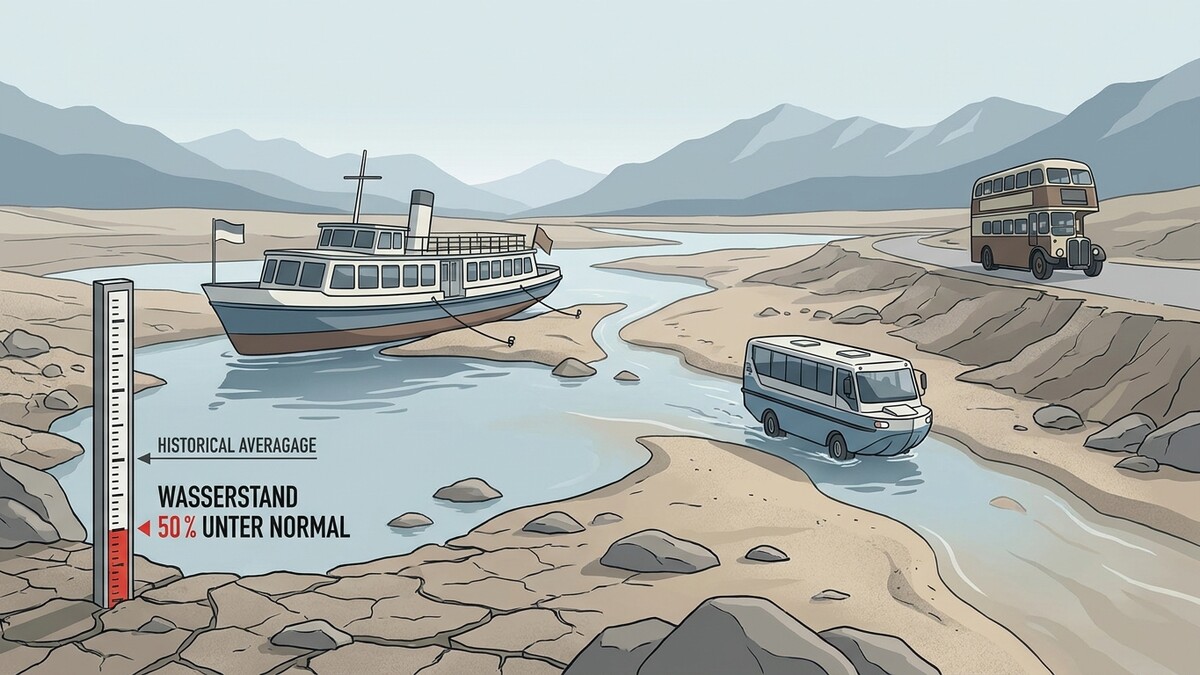 Niedriger Wasserstand: Schiff und Busse in ausgetrockneter Flusslandschaft, Pegel zeigt 50% unter Normal