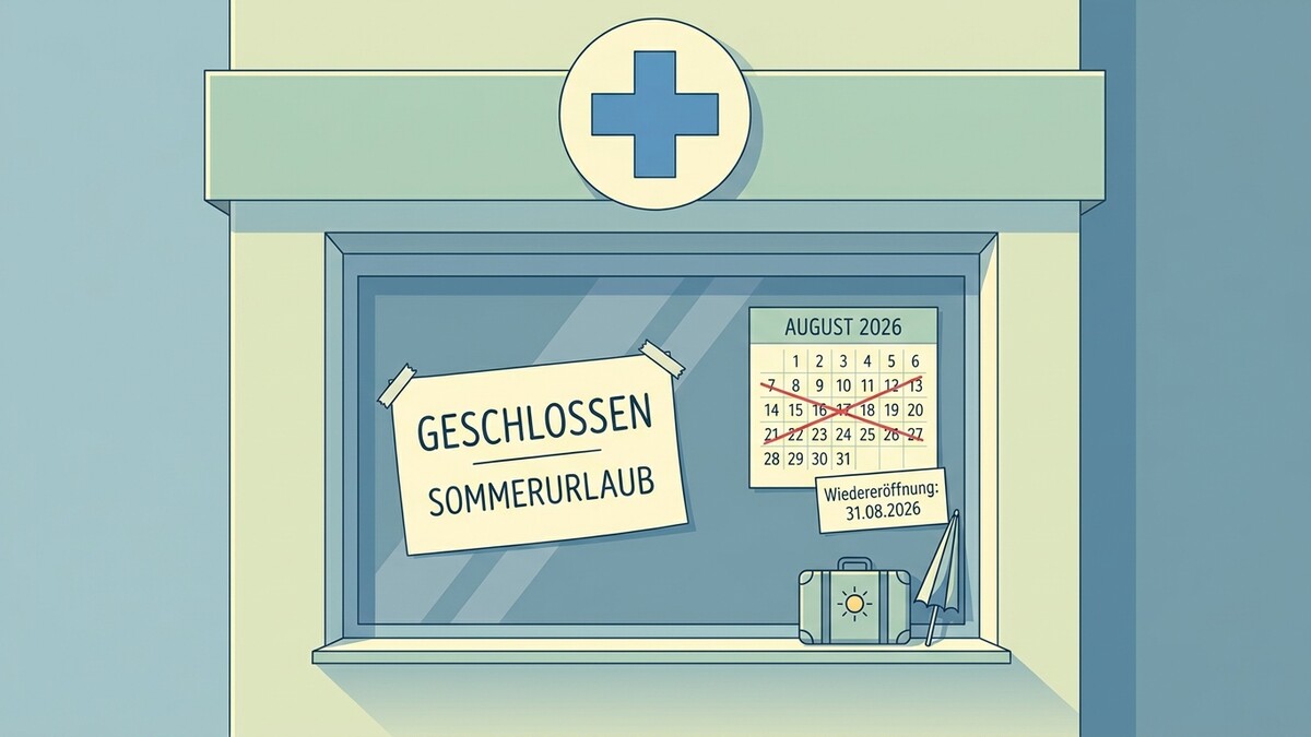 Arztpraxis geschlossen wegen Sommerurlaub, Kalender mit durchgestrichenen Tagen, Koffer und Regenschirm