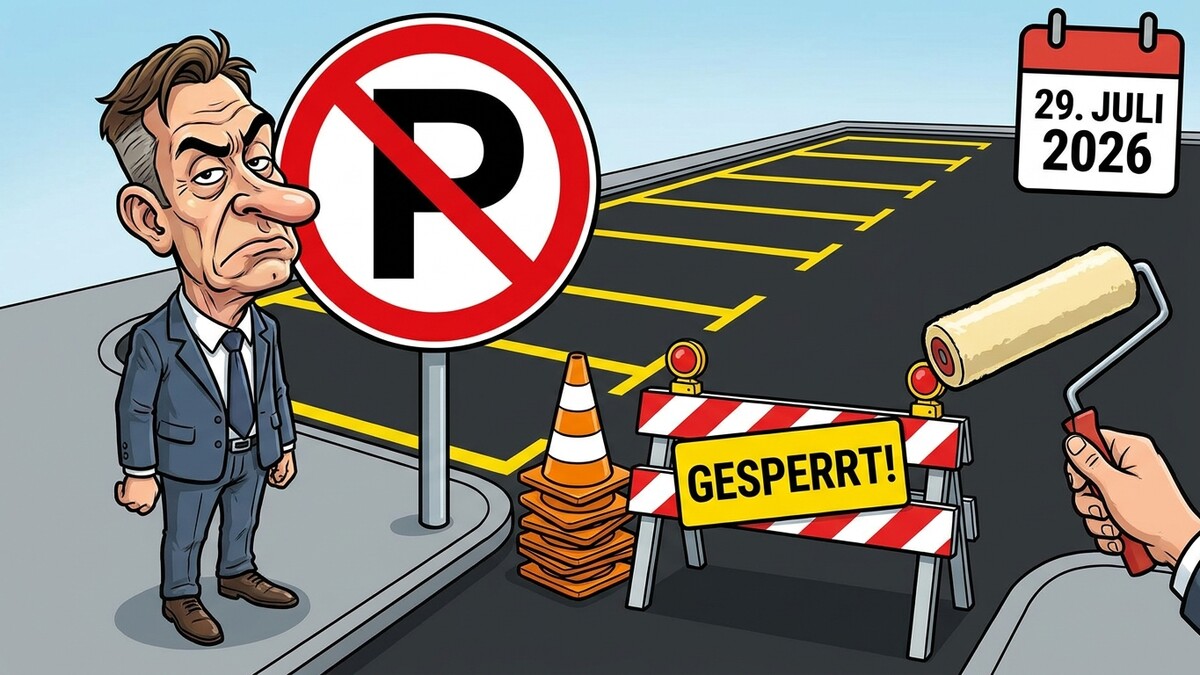 Politiker mit Parkverbotsschild und gesperrter Baustelle am 29. Juli 2026